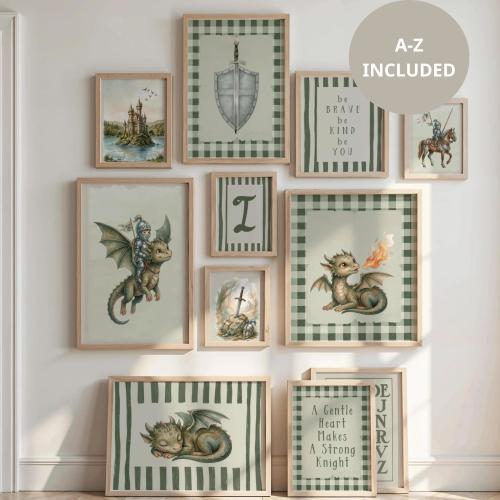 Personalized Tiny Hero Nursery Wall Art Set of 11,Little Knight’s Nursery Print Set,Knights & Dragons Prints,Enchanted Kingdom Printable Art