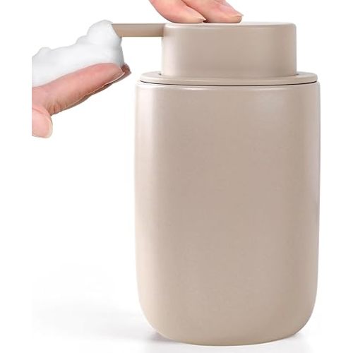 BosilunLife Foam Soap Dispenser - Ceramic Foaming Hand Wash Dispenser for Bathroom Modern Farmhouse Small Soap Dispenser Lotion Hand Pump Dispenser for Kitchen Sink (Khaki, Foam Pump)