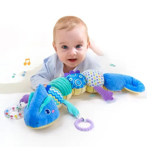 Baby Toys 0-6 Months, Baby Musical Toys - Stuffed Animal Activity Soft Toywith Rattles, Crinkle, Bell;Baby Sensory Teething Toys for Tummy Time Newborn Boys Girls Gift (Blue Chameleon)