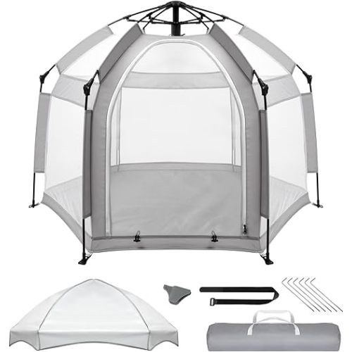 Palopalo Pop Up Baby Playpen with UPF50+ Canopy, Indoor & Outdoor Foldable Play Pen for Babies and Toddlers, Portable Baby Beach Tent with Travel Bag, Pop Up Pack and Play Yard, Grey