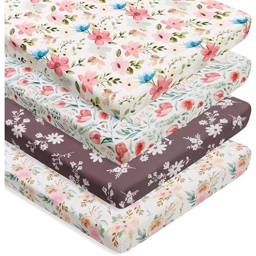 4 Pack Baby Girl Pack N Play Mini Crib Sheets Set Soft Fitted Floral Theme Baby Girl Mattress Covers Breathable Toddler Bed Sheets for Infant or Newborn(Flower, Pack N Play Mini Crib Sheets)
