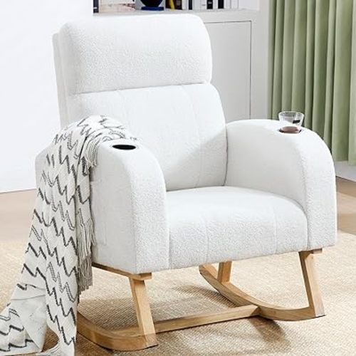Rocking Chair Nursery, Teddy Nursery Rocking Chairs with Cup Holders, Nursing Rocking Chair Glider Rocker Indoor for Nursery, Living Room, White