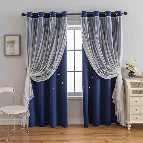 Anytime Romantic Kids Curtain,Hollow-Out Stars Window Curtain Double Layer Blackout Curtains for Girls Bedroom Kids Room 2Panel,(W52 x L95,Navy Blue)
