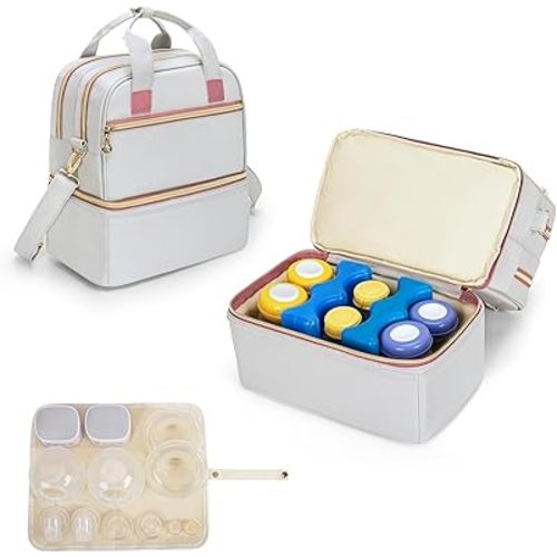 Damero Wearable Breast Pump Bag with Cooler Compartment Compatible with Elvie, Willow and Medela Electronic Pumps, Wearable Pump Tote with Waterproof Mat for Working Moms