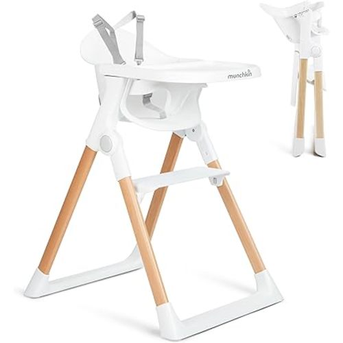 Munchkin Float Baby High Chair, Foldable and Easy to Clean, for Babies and Toddlers, White with Wooden Legs