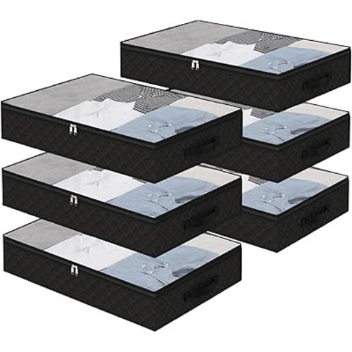 Fixwal Black Underbed Storage Bags with Clear Window and 2 Reinforced Handles Under Bed Storage Containers for Clothing, Bedding, Comforter (6 Pack)
