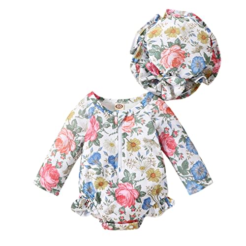 Aimaopao Baby Girls Swimsuit Long Sleeve Zipper Bathing Suit One Piece Swimwear with Hat