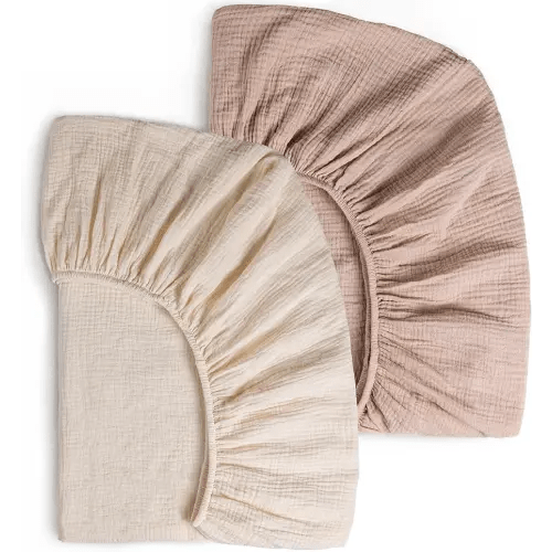 Muslin Crib Sheets for Girls Boys, 2 PCS Soft and Breathable Fitted Baby Sheet for 52" x 28" Standard Crib Mattress and Toddler Bed (Beige, Blush)