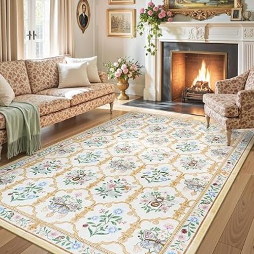 LIVEBOX Beige 5x7 Washable Rug for Living Room, Vintage Floral Area Rug for Bedroom, Non-Slip Rugs with Butterfly and Bee Pattern, Low-Pile Throw Carpet for Dining Room, Nursery Playroom Home Decor
