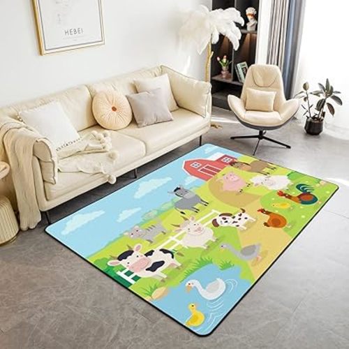 jejeloiu Farm Area Rug 4'x5' Cartoon Sheep Cow Farm Animals Pattern Rugs Mat for Living Room Bedroom Rustic Farmhouse Decorative Carpet Non Slip Area Runner Rug