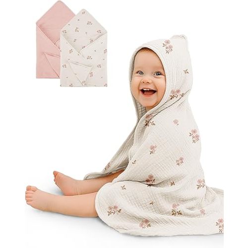 Hooded Baby Towels 2 Pack, Muslin Baby Bath Towels with Hood for Newborn Infant and Toddler, Soft Breathable & Absorbent, 30" x 30" (Vintage Blossom & Pink)