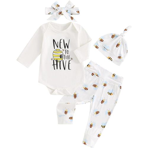 Newborn Baby Boy Girl Coming Home Outfit Bumble Bee New to the Hive Bodysuit Pants Hat Headband 4pcs Set