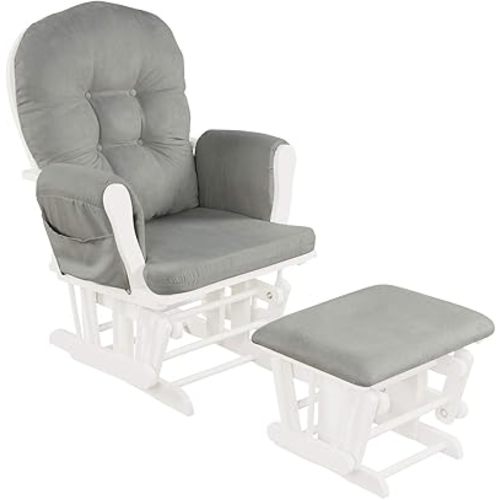 Costzon Nursery Glider with Ottoman, Upholstered Comfort Glider Rocker with Padded Cushion, Storage Pocket, Solid Wood Base, Rocking Chair Nursery for Breastfeeding, Maternity, Napping (Light Gray)