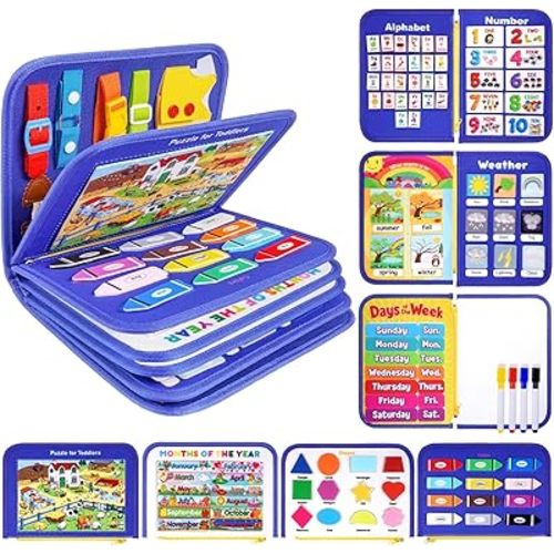 12-page Busy Board Montessori Toddler Toys for 1 2 3 4 Years Old, Busy Book for Toddlers 1-3 Boy Birthday Gift, 24 in 1 Activity Sensory Toys for Motor Skills, Travel Toy for Car Airplane (Blue)