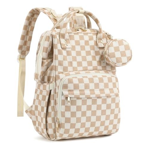 Corduroy Diaper Bag Backpack, Large Capacity Multifunction Baby Diaper Bags for Women, Insulated Bottle Pockets & Pacifier Case, Stylish Travel Nappy Changing Bags for Mom Dad (Checkered Brown)