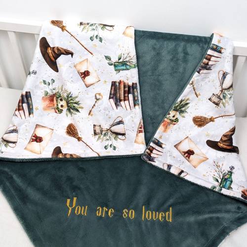 personalized baby blanket, custom little wizard swaddle, newborn school of magic gift, magical white owl mail, harry wizarding school