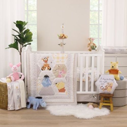 Disney Winnie The Pooh Hugs And Honeycombs Grey, White, And Tan Patchwork With Piglet, Tigger And Eeyore 3 Piece Crib Bedding Set