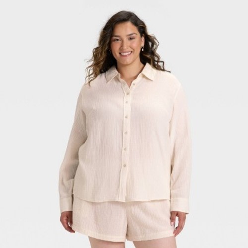 Women's Long Sleeve Gauze Collared Button-Down Shirt - Universal Thread™ Cream L