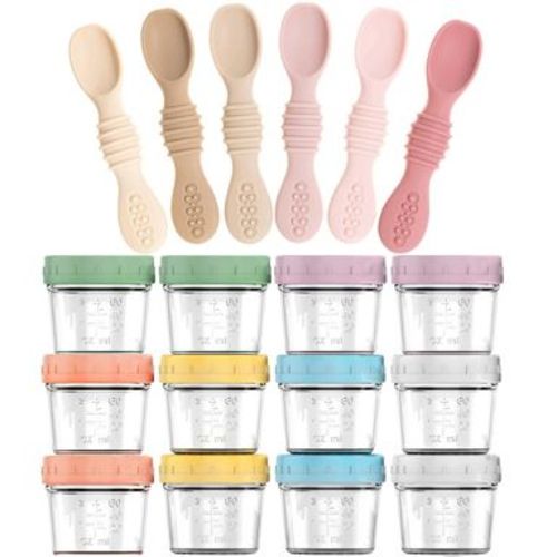 12-Pack Glass Baby Food Storage Jars with Lids, 6-Pack Silicone Baby Self-Feeding Spoons – BPA-Free, Leakproof, Freezer Safe Jars, Pink
