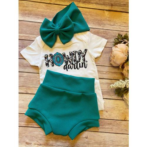 New Release! HOWDY DARLIN Baby Girl Soft Knit Bummies and Bow Set - turquoise teal