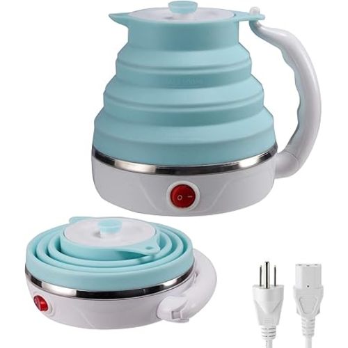 Travel Foldable Electric Kettle, Collapsible Electric Kettle Food Grade Silicone Small Pot Boiling water,Dual Voltage(600ml,110-220V US Plug) (Blue)