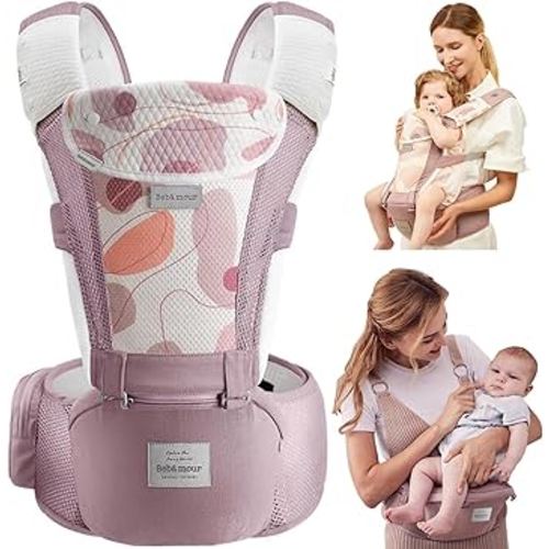 Bebamour Baby Carrier Newborn to Toddler-Baby Hip Carrier Front and Back Carry with Head Hood & 3 Pieces Teething Pads& Waist Extenders & Storage Bag (Pink)