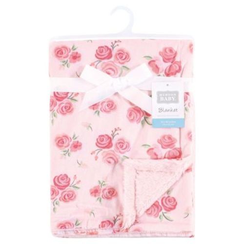 Hudson Baby Infant Girl Plush Blanket with Furry Binding and Back, Blush Rose, One Size