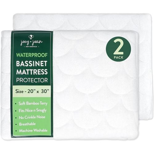 Joey + Joan Waterproof Bassinet Mattress Pad Cover Compatible with Graco Bassinets & Travel Lite Crib – 2 Pack Quilted Mattress Protector Made from Ultra Soft Bamboo Viscose Terry – 20" x 30"
