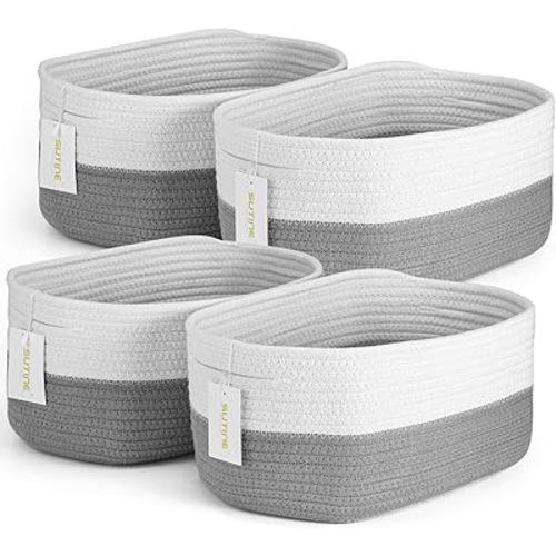 4 Pack Woven Storage Baskets for Organizing, Cube Cotton Rope Baskets for Storage with Handle, Rectangle Decorative Basket for Shelves Towels Clothes Books, Gift Basket Bins Toy Storage, White & Grey