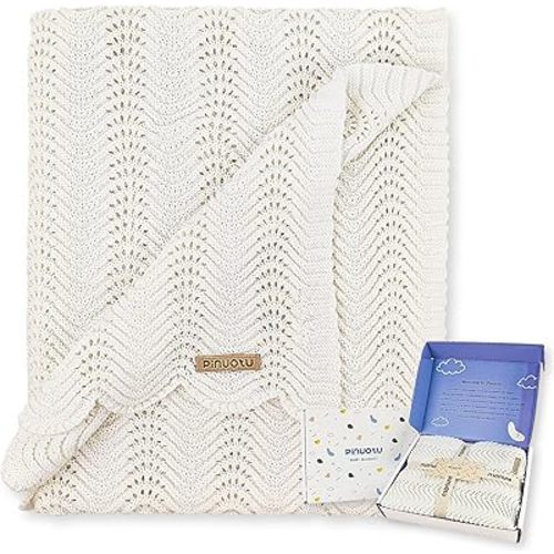 Cotton Knitted Baby Blanket – Neutral Swaddle Receiving Blanket for Newborn, Toddler, Boys & Girls, Crib or Stroller Blanket with Gift Box, 31×40 Inch (White)