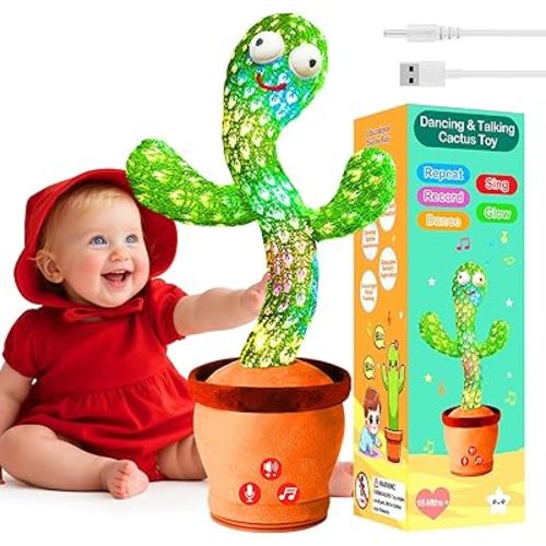 Rechargeable Dancing Talking Cactus Toy for Babies, Interactive Singing & Mimicking Cactus Baby Toy with Volume Control, Fun & Safe Baby Toy for 6-12 Months +, Stocking Stuffer for Toddlers