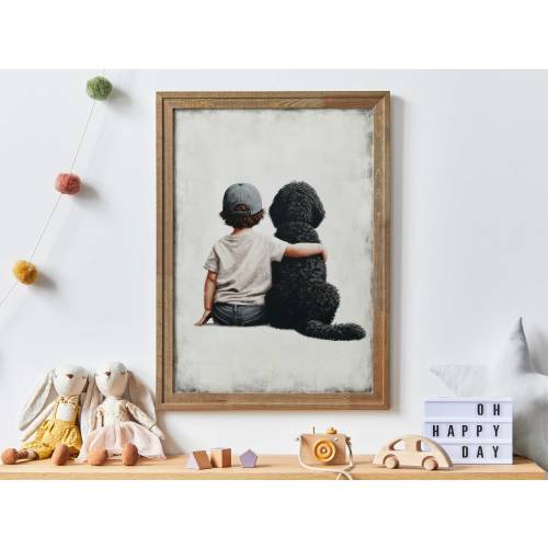Black Goldendoodle Nursery Decor, Goldendoodle Print, Labradoodle Nursery Art, Boy and Dog Painting, Printable Dog Wall Art for Boys Room