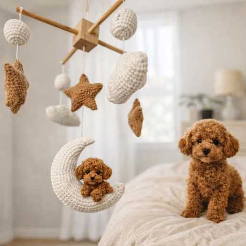 Custom Pet Crochet Baby Mobile, Personalized Dog Cat Nursery Decor, Moon Stars Clouds