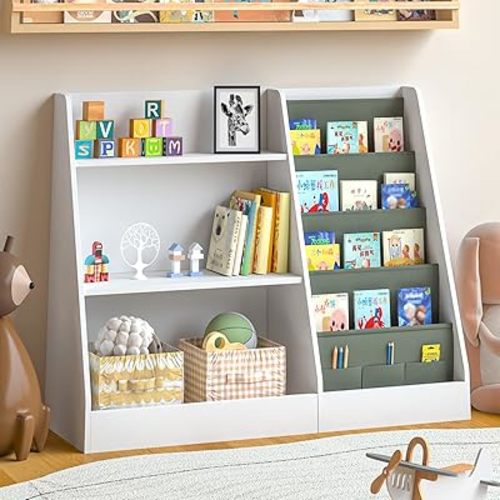 Kids Bookshelf and Toy Storage, 3 Tier Wooden Kids Bookcase with Storage, Floor-to-Ceiling Baby Book Organizer with Sling, Children Book Rack for Playroom, Classroom, Nursery, White