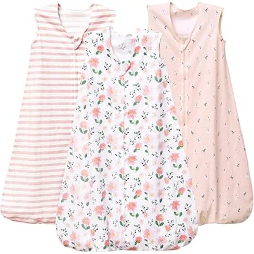 PHF Baby Sleep Sack 0-6 Months 3 Pack 100% Cotton Baby Wearable Blanket, 2-Way Zipper 0.5 TOG Toddler Sleeping Sack, Comfy Sleep Bag for Baby Girls, Pink Floral (Small)