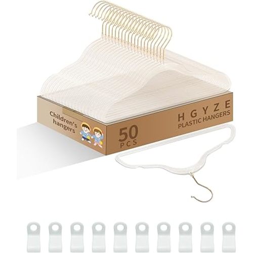 HGYZE Toddler Hangers, Clear Kids Clothes Hanger, 50pcs Ultra Thin Baby Hangers with 10 Connector Hooks Closet Organizer, Infant Coat Hanger, Children Hanger for Girl Boy Nursery, Gold Perchas