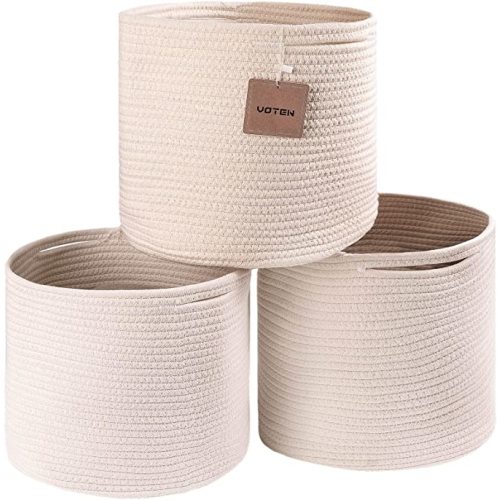 voten Storage Cubes Bins Organizer 11x11x11'' Fit 12x12''Cube Storage Bookcases Shelves,Durable Woven Cotton Basket for Organizing,Round 3Pack Off White