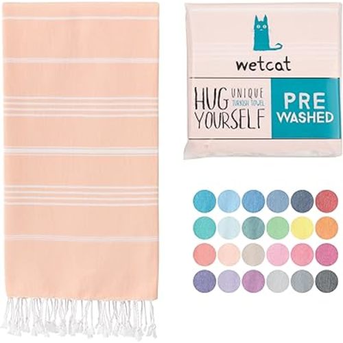 WETCAT Turkish Beach Towel Oversized (38"x71") 100% Turkish Cotton, Made in Turkey - Sand Free, Extra Large, Ultra Soft, Quick Drying, Compact & Lightweight for Travel - Peach