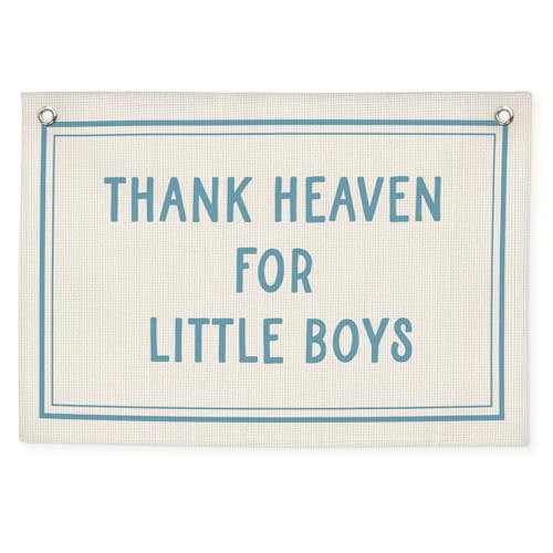CEBTHN Boys Nursery Decor – Thank Heaven for Little Boys Linen Banner, Baby Shower, Vintage Canvas Wall Hanging, Blue Baby Room Decoration, 20x30 Inch