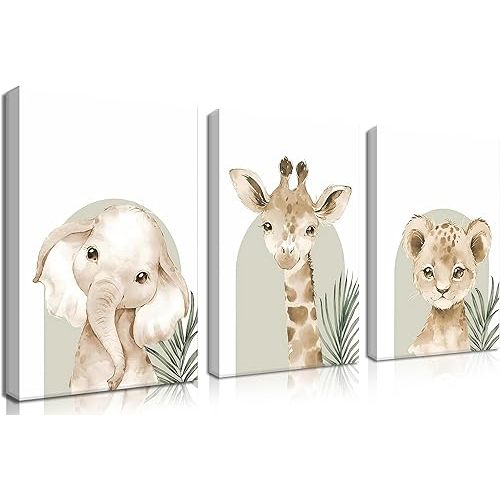 Nursery Wall Decor Set of 3, Cute Animal Lion Elephant Baby Pictures Poster Prints, Giraffe Jungle Canvas Wall Art Woodland Nursery Decor for Boys Girls Room Decoration 12x16 inch Framed