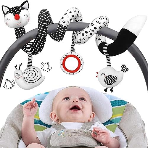 Car Seat Toys for Babies 0-6 Months: High Contrast Black and White Newborn Stroller Toy 0-3 Month Infant Crib Carseat Bassinet Spiral Hanging Toys with Sensory Rattle, Baby Boys Girls Shower Gifts