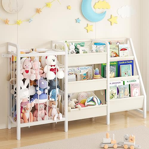 B2 Kids Bookshelf and Toy Storage, 3 Tier Book Shelf for Kids Rooms, Sling Toddler Bookshelf with Stuffed Animal Storage, Montessori Baby Bookcase for Nursery, Bedroom, Playroom, White