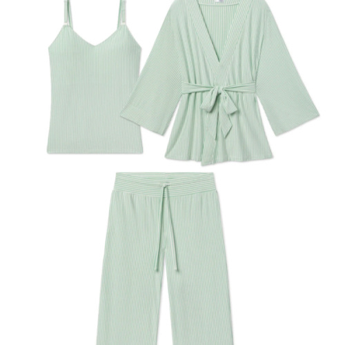 LAKE | Women | DreamModal Pajamas | Parisian Green Pencil Stripe Maternity Kimono Bundle
