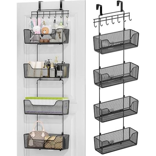 HapiRm Over The Door Organizer - Hanging Door Organizer with 4 Metal Large Capacity Baskets and Adjustable Coat Hook for Bathroom Bedroom Kitchen Pantry Closet Cabinet