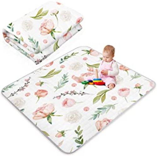 Flower Theme Portable Baby Play Mat, 43 x 43 Inch Washable Foldable Crawling Mat, Non Slip Playmat for Babies, Kids Play Mats Pad for Floor Playpen Toddler Infants Tummy Time Activity