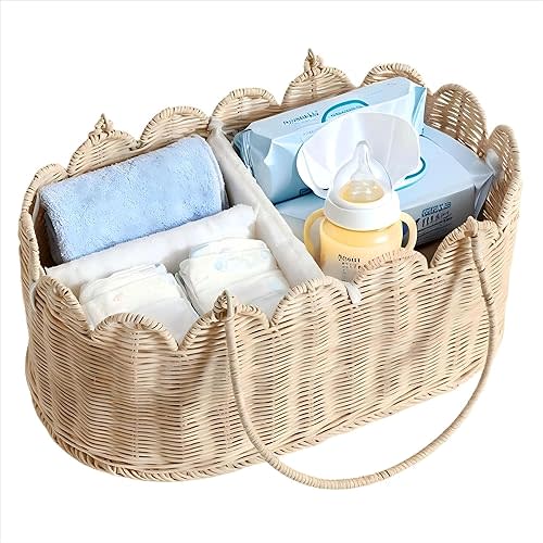 Premium Wicker Baby Diaper Caddy Organizer,Woven Scalloped Rattan Basket with Handle,Wicker Baby Carriage for Nursery (Scalloped Rattan Baby Diaper Caddy Organizer)
