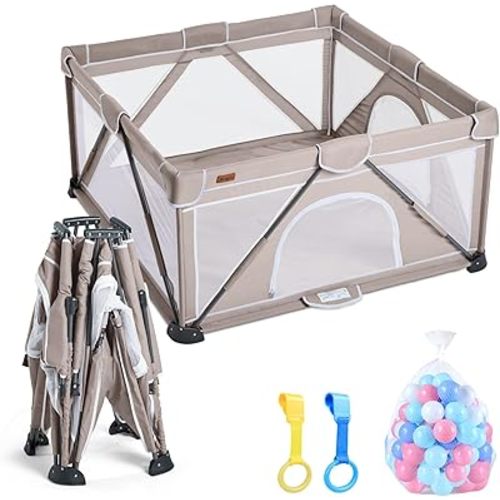 Baby Playpen Foldable, Playard for Babies and Toddlers, Portable Playpen Activity Center with 50 Balls+2 Handles for Travel, Indoor & Outdoor Play Pen with Mesh 59''x71''