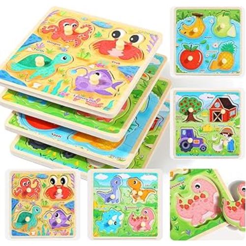 GRINNNIE Wooden Toddler Puzzles, 1 2 3 Years Old Learning Montessori Peg Puzzle Toy Set for Toddlers, 4 Pcs Educational Portable Size Travel Knob Puzzle Toys, Gift for 1-3 Boy Girl Birthday Christmas