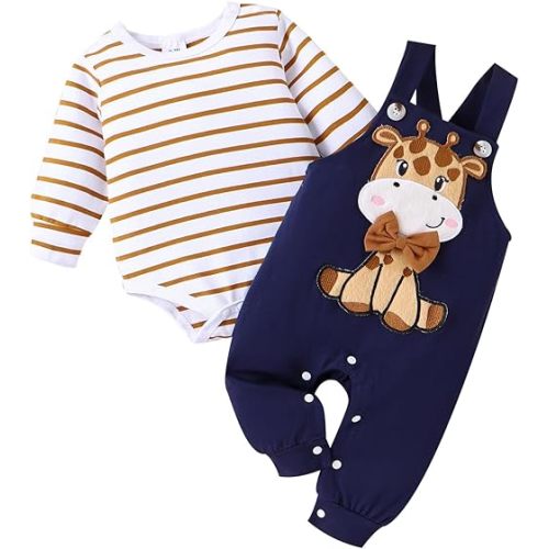 Baby Boy Clothes Newborn Outfits Fall Winter Striped Romper Infant Cartoon Overall Adjustable Suspender Pants Set