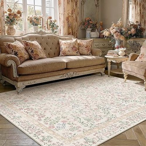 PureCozy 5x7 Pink Area Rug for Living Room Bedroom Washable Vintage Floral Carpet Low Pile Non Slip Botanical Aesthetic Dining Room Soft Accent Throw Rug Nursery Office Indoor